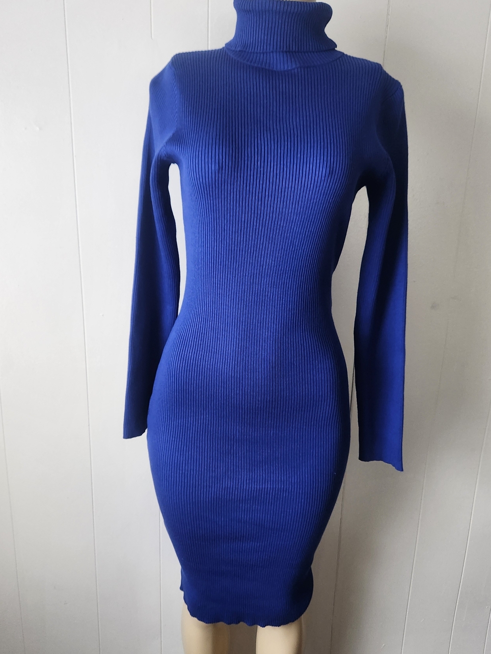 Ribbed Turtleneck Long-Sleeve Midi Dress in Royal Blue Casual Chic Minimalist XL